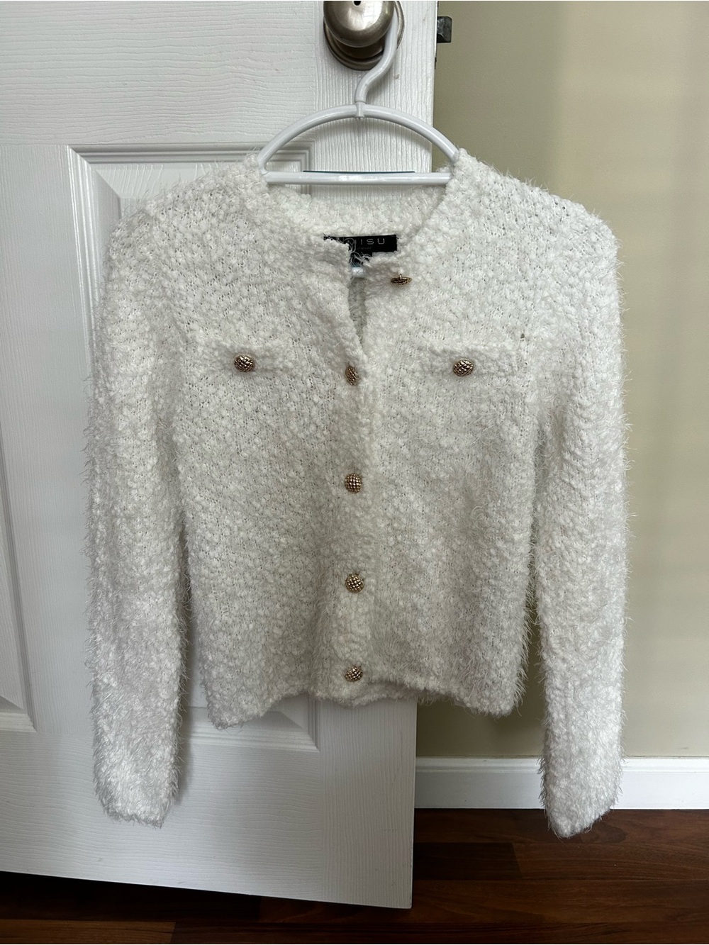 Amisu Cream Textured Bouclé Button Cardigan Jacket